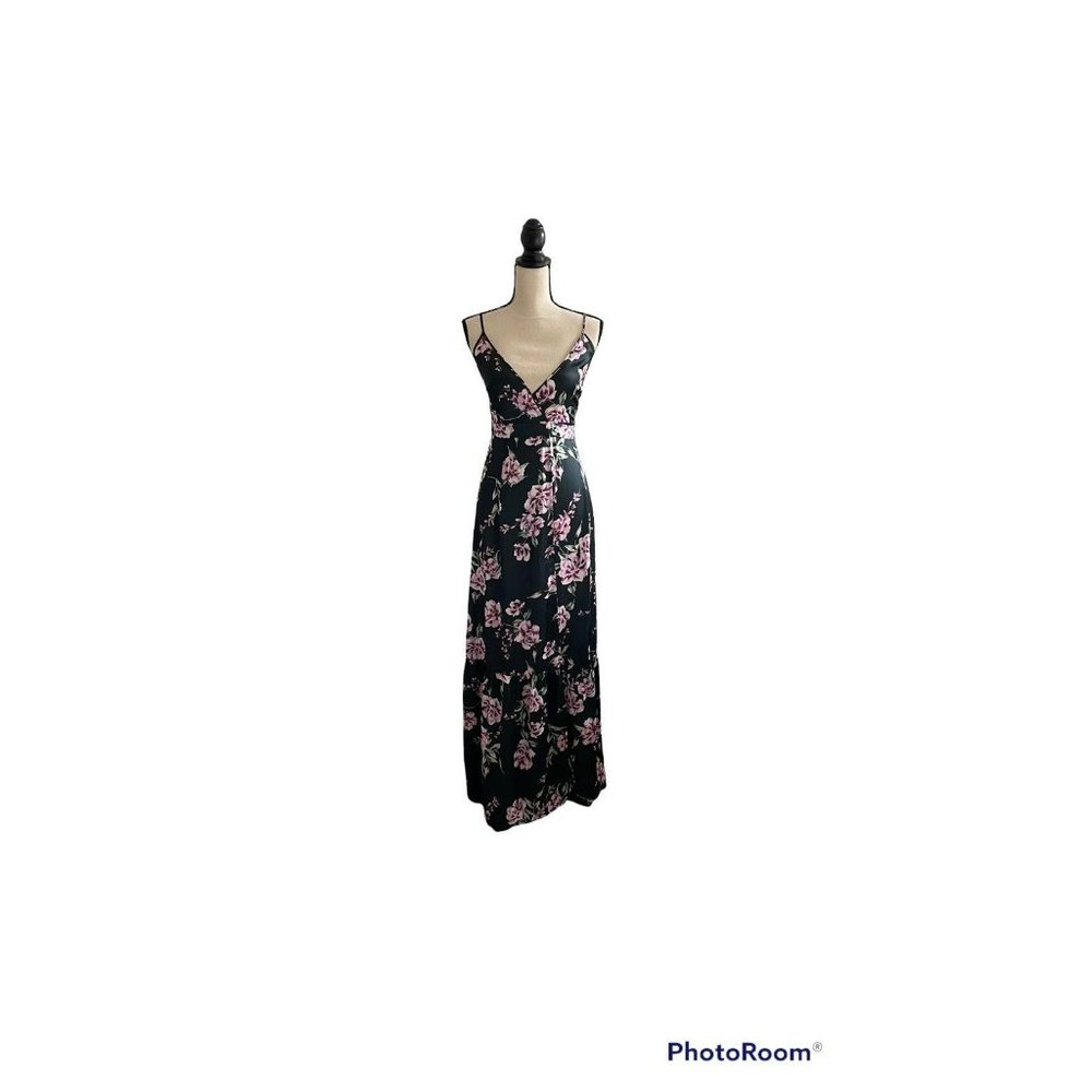 Tularosa Black Floor Length Satin Floral Summer Maxi Dress